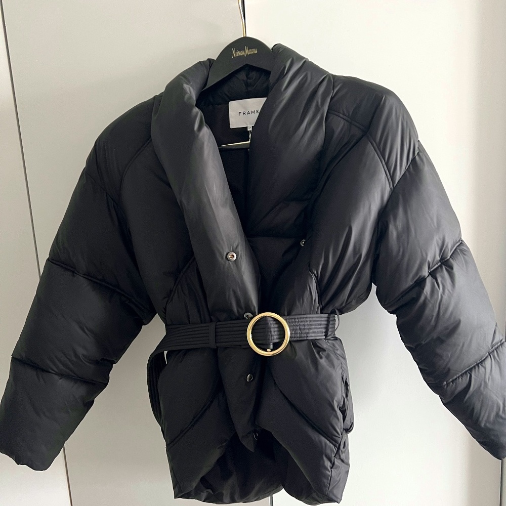 Frame Puffer Coat With Gold Belt